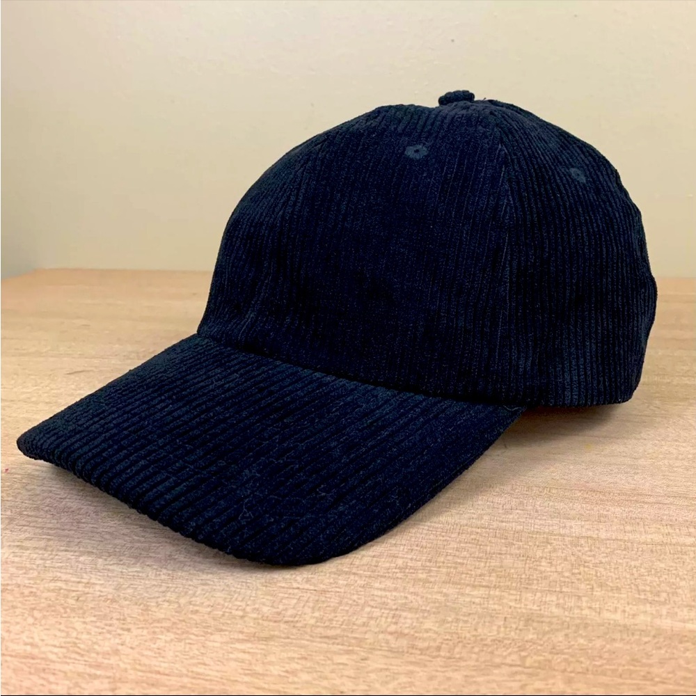 Athropologie Hat Strap Back Solid Black Corduroy Casual Adjustable One Size Cap